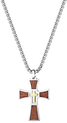 JewelryWe Classic Cross Necklace Double Layer Wooden Cross Pendant Stainless Steel Necklace for Men,Silver
