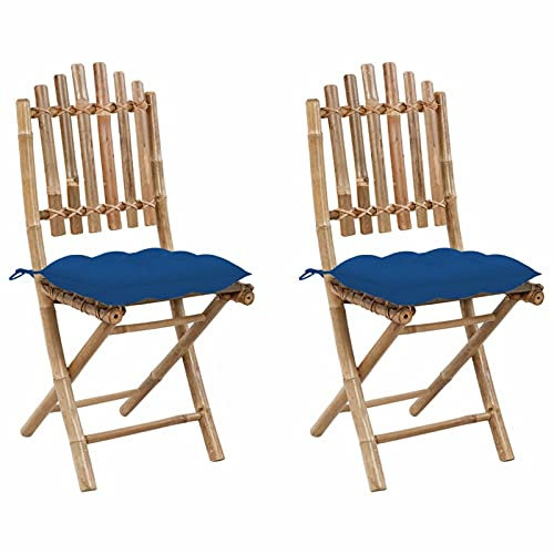 Festnight Klappbare Gartenstühle 2 STK. mit Blau Kissen Bambus Balkonstuhl Stuhl Gartensessel Gartenstühle Stühle Gartenmöbel Sessel Gartenstuhl