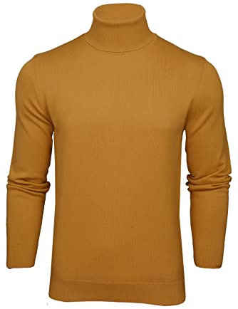 Xact Men's Pure Cotton Roll Neck Jumper - Fold-Over Polo Neck Knit, Lightweight 12-Gauge Slim Fit Winter Sweater (Mustard) M