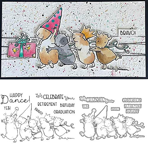 Feiern Sie tanzende Mäuse Formen und Stempelsets für die Kartenherstellung DIY Scrapbooking Happy Dance,Ruhestand Geburtstag Graduierung Alphabete Transparente Silikonstempel für die Papierherstellung