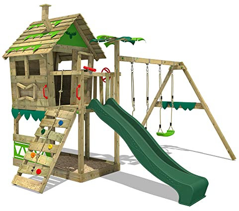 FATMOOSE Spielturm Klettergerüst JungleJumbo Joy mit Schaukel & grüner Rutsche, Outdoor Kinder Kletterturm mit Sandkasten Leiter & Spiel-Zubehör für den Garten
