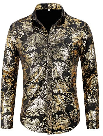 Allthemen Herren Jacquard Hemd Langarm Satin Freizeithemd Paisley Herrenhemd für Party Hochzeit Gold XL