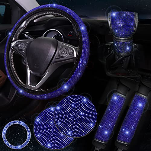 ToBeQueen Bling Pink Lenkradbezug-Set Bling Autozubehör-Set, Lenkradbezug passend für 38,1 cm, funkelndes Schulterpolster, Strass-Schaltabdeckung und Getränkehalter, 7 Stück, blau