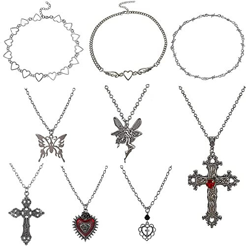 BVLAGIDA 9 Stück Gothic Grunge Halskette Set Goth Punk Rock Silber Halskette Liebe Herz Kreuz Dornen Böses Auge Engel Flügel Halloween Halskette für Frauen Mädchen Kette Choker Halskette