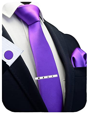 Gusleson Fashion Tie Lavender Purple Ties For Men Silk Tie Clip Solid Necktie and Pocket Square Cufflinks Sets (UK6101-16)