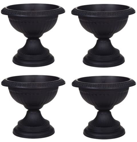 Round Grecian Classical URN Patio Pots 42 CM Flower Planter Outdoor Or Indoor Plant Plastic Base Home Office Garden Wedding Flower Porch Front Door Planter Set Of 4 (BLACK)