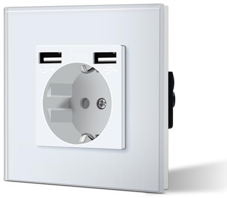 BSEED Schuko Steckdose Unterputz mit 2.1A 1/2 USB Ladeleistung Adapter Aufladestation Glas Panel WandSteckdose 16 Amp Einfache Installation 86mm Weiß