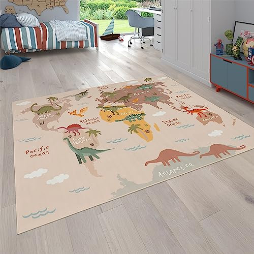 Paco Home Teppich Kinderzimmer Kinderteppich Junge Mädchen Spielteppich Dinosauriert Welt Motiv rutschfest Modern Beige Braun Grün, Grösse:160x220 cm