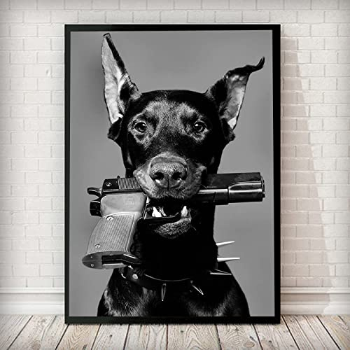TANYANG Moderne Schwarz Weiß Hund Dobermann Waffe Luxus Mode Poster Drucke Leinwandmalerei Wandkunst Bild Nordisch Zimmer Wohnkultur 60X90Cm Kein Rahmen