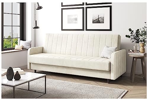 MEBLINI Sofa mit Schlaffunktion - Schlafcouch Ausziehbar - Schlafsofa mit Bettkasten - Sofabett - Couch mit Schlaffunktion - Klappsofa - Andres 3-220x87x93cm - Creme Samt