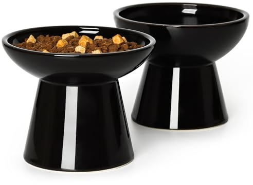 YauYik Extra Wide Raised Cat Food Bowl - Ceramic Cat Bowls for Food and Water, Elevated Shallow Dish, Whisker Stress-Free, Great Height for Cats - 2 Pack, Black