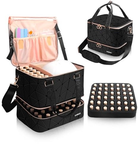 Sambois Nail Polish Organizer Case, Nail Polish Storage Holds 54 Bottles Nail Polish (15ml 0.5 Fl.Oz) and Nail Lamp, Leather Nail Case with Detachable Shoulder Strap Carrying Nail Bag for Women Black,