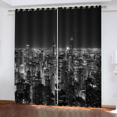 GELOUT Gardine Vorhang Vorhange Blickdicht Mit Ösen Der Blick Auf Die Stadt 160cm lang 150cm Breite Verdunkelung 3D Curtain Effekt Motiv Druck Wohnzimmer Schlafzimmer