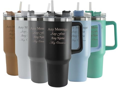 Personalised Engraved Thermal Tumbler, 40oz/1135ml Insulated Travel Cup, Large Black Travel Coffee Mug, Customise with Any Message and Font, Stainless Steel, Straw and Handle