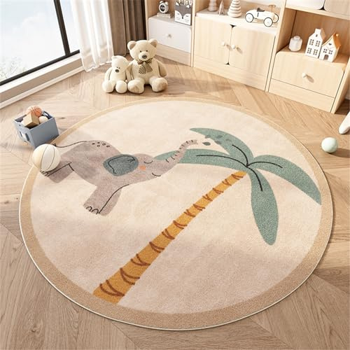 Cartoon-Druck runder Kinderteppich, Kinder-Wohnzimmerteppich, rutschfest, Kinderteppich für Jungen, Mädchenzimmer (Elefant,100cm)
