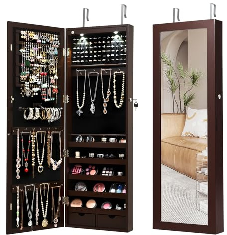 RELAX4LIFE Schmuckschrank hängend, Spiegelschrank mit 2 Schubladen & 2 LEDs & Schloss, Schmuckorganizer für Ohrringe & Armband & Kette & Ringe & Kosmetik, Tür- & Wandmontage (Braun)