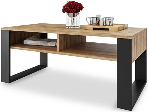 MeblePitus.pl Eleganter Couchtisch 120x60 cm - Boho Style - Offenes Doppelregal - Die perfekte Deko Wohnzimmer für Ihr Zuhause - große Oberfläche - Aus strapazierfähigen Sofatisch Materialien