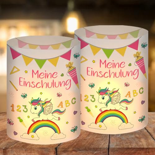12 Windlicht Tischdeko Einschulung Mädchen, Meine Einschulung Tisch Deko, Windlichter Tischdeko Schulanfang Rosa, Einhorn Mein Erster Schultag Deko Mädchen, Geeignet für Teelichter oder Kerzen