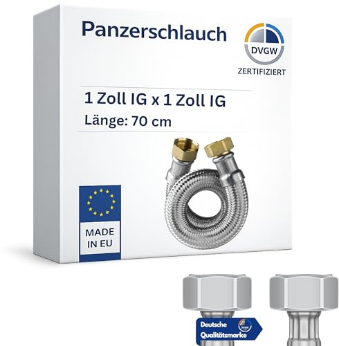 LAXARA | DVGW gep. Panzerschlauch 1 Zoll DN25 Edelstahl Flexschlauch Wasseranschluss Heizung Enthärtungsanlage mit Edelstahlumflechtung | 70 cm Überwurfmutter x Überwurfmutter