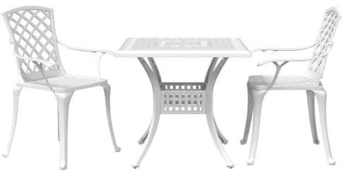 vidaXL White Cast Aluminium Bistro Set - Square Table with Umbrella Hole and 2 High-Back Chairs for Garden, Patio