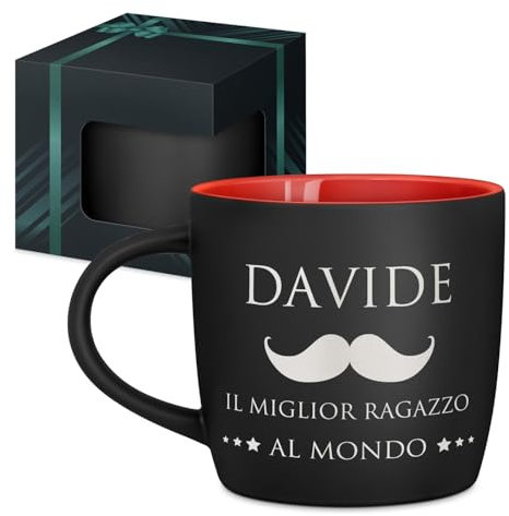 Maverton Tazza da caffè macchiato o tè in ceramica - 400 ml - Incisione personalizzata - Tazze con manico per bevande per Lui - Bicchiere da colazione per compleanno uomo - Interno rosso - baffo