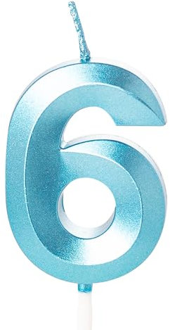 Blue 6th Birthday Candle Number 6 for Cake Toppers - Birthday Cake Decoration for 6 Year Old Boys