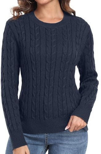 QIXING Women Jumper Cable Knit Long Sleeve Crew Neck Pullover Casual Sweater Tops for Women UK(Navy Blue, M)