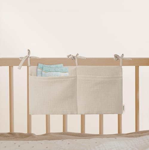 Babybett Aufbewahrungstasche aus 100% Baumwolle Musselin, für das Beistellbett, Babybett, Kinderbett. Ideal zum Verstauen von Windeln, Schnullern (Beige)