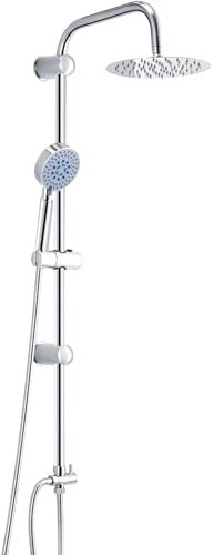 Youyijia Shower Riser Kit With Twin Head Set - Square Mixer, Handheld and 8 Overhead Adjustable Rainfall Shower - Chrome Plated Kit (Round)