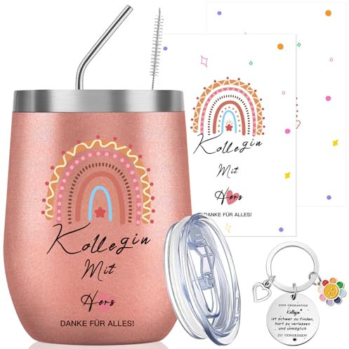 Szhhrxi Abschiedsgeschenk für Kollegen, Weinbecher aus Edelstahl mit Schlüsselanhänger für Kollegen und Regenbogen Dankeskarte, Thermobecher mit Deckel für Ruhestand Jobwechsel Dankeschön (C)