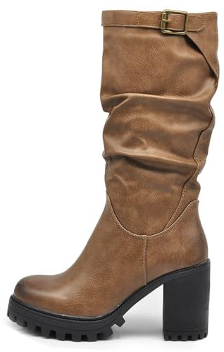 IF FASHION Stivali Arricciati Al Polpaccio da Donna In Pelle Sintetica Con Tacco Grosso Plateau Fibbia G693 khaki N.41