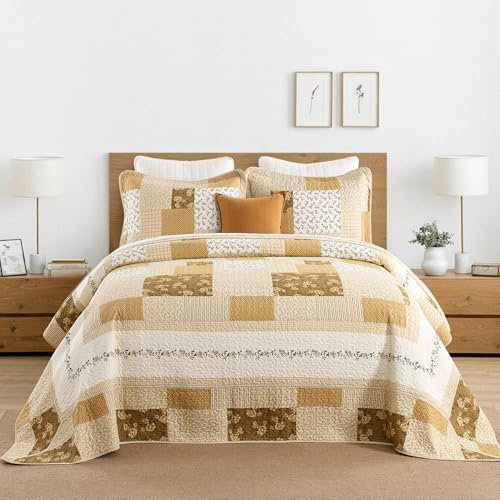 QuiltMuse Übergroße Tagesdecke für King-Size-Bett, 325,1 x 304,8 cm, 100 % Baumwolle, leicht, California-King-Size-Bett mit 2 Kissenbezügen, Farmhouse Plaid Floral, extra breit, gesteppte Bettwäsche,