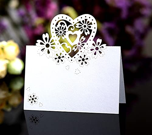 Blausky 20 Stück Liebe Herz Laser Schnitt Namenskärtchen,Tischkarten Blanko,Platzkarte Klappkarten Platzkärtchen für Hochzeit Geburtstag Kommunion Taufe Party Festival Tischdekoration,9 x 12 cm,Weiß