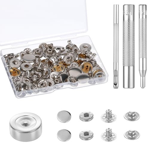 24 Sets Heavy Duty Leather Snap Fasteners Kit, 15mm Metal Press Studs Snap Buttons Leather Rivets Snaps Kit with 4pcs Installation Tools Snaps Fasteners for Clothing Hats Jackets Jeans Canvas (Silver)