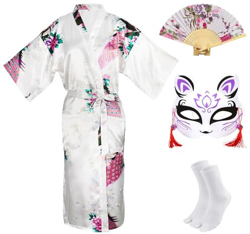 CRFASIBE Robe Kimono Japonaise pour Femmes, Japonais Traditionnel Yukata Femme, Paon Peignoir, Masque Kimono Eventail à Main Ensemble de Chaussettes(Blanc,3XL)