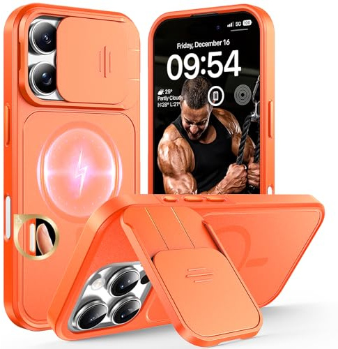TOCOL für iPhone 16 Pro Hülle für Magsafe mit Ständer, mit verschiebbarem Kameraschutz, Stoßfest Kratzfest schwere Magnetisch Handyhülle für iPhone 16 Pro Case, Orange