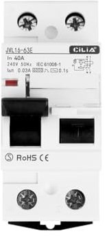 CILIA Interruttore Differenziale Tipo AC 30mA 6kA – Salvavita 1P+N 25/40/63A, 230/400V AC, Attacco DIN 2 Moduli, Curva C – Protezione Cortocircuito e Sovraccarico In=40A (JVL16-63-1P-40A)
