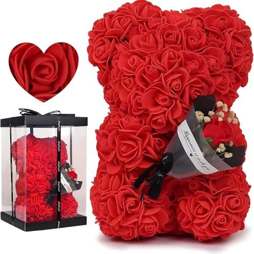 CH HIUBIE Rose Bear Rose Teddy Bear Flower Gift Box for Valentine's Day Anniversary Mother's Day Christmas Birthdays Bridal Showers Fully Handmade (Red + Gift Box, 1)