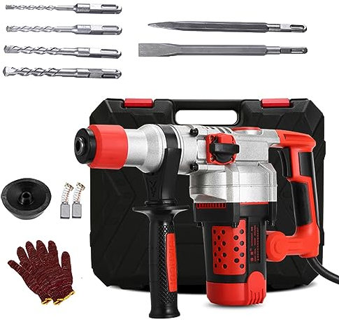 Heavy Duty Rotary Hammer Drill - 1080W Impact Demolition Tool with Chisels, Drill Bits & Safety Clutch, 4J Impact Force, 3 Functions, Vibration Control for Concrete