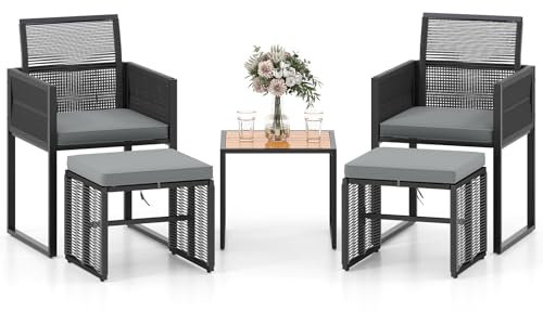 GYMAX 5-teiliges Gartenmöbel Set, Bistro-Set mit Akazienholz-Couchtisch, 2 Ottomans & 2 Rattanstühlen mit Bequeme Kissen, platzsparendes Sitzgruppe für Balkon, Garten & Hof