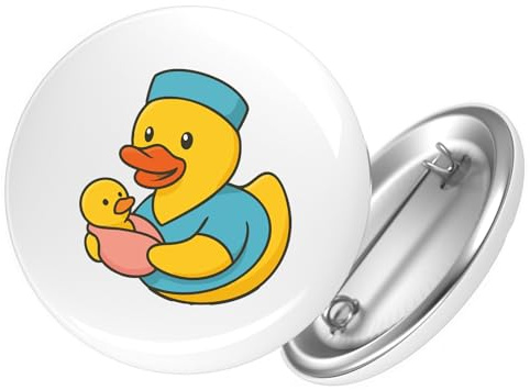 Huuraa Button Quietscheente Hebamme Comic Gummiente Geschenk | 25mm Pin Accessoire rund mit Sicherheitsnadel Ansteckbutton Geschenkidee Anstecknadeln für Jacken Rucksäcke