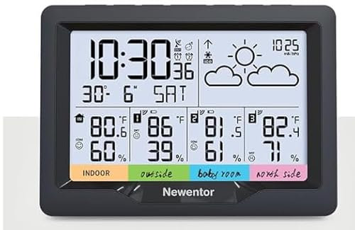 Newentor Funk-Wetterstation mit DCF Empfang - 3 externe Sensoren, Wetterprognose, digitale Uhr & Alarm - Schwarz