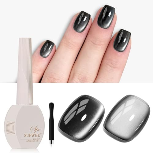 SUPWEE Black Cat Eye UV Gel Nail Polish, Magnetic Gel Polish Glossy | Holographic Manicure with Magnet Shimmer Nail Art Salon DIY at Home 15ml