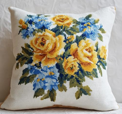 XFENDOUDOU Kreuzstich-Kissenbezug Set Vorgedruckt Schöne Blumen Kreuzstichk Zum Dekorieren 45X45cm Stickkissen Zum Selbersticken Kreuzstich Set Bastelset Haus Dekoration