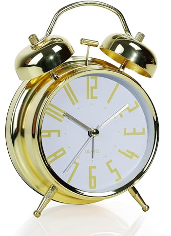 AYRELY® Lauter Wecker für Tiefschläfer – 4 Zoll Retro Tischuhr mit goldfarbenem Rahmen und Doppelglocken, analog ohne Ticken, mit Nachtlicht, ideal für Schlaf- und Nachttische(Gold-Weiß)