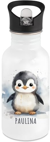 DEL MÀ Unique & Personal Edelstahl Trinkflasche Kinder personalisiert mit Namen Pinguin Flasche mit Strohhalm Wasserflasche für Schule Kindergarten 500 ml