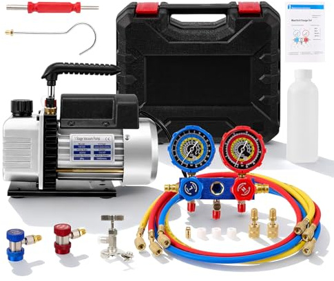 Mekturm 3CFM Vacuum Pump and Manifold Gauge Set, AC Refrigerant Manifold Gauge Kit with 3-Way Manifold Gauge & Accessories, Compatible with R134a/R410A/R407C Refrigerants, for Auto HVAC Systems