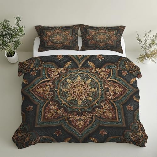 Generisch Mandala Bettwäsche 135x200 2teilig, Bohemian Floral Symmetry Ethno-Stil Bettwäsche-Sets mit Reißverschluss, Microfaser Weiche Bettbezug mit Kissenbezüge 80×80 GS*7