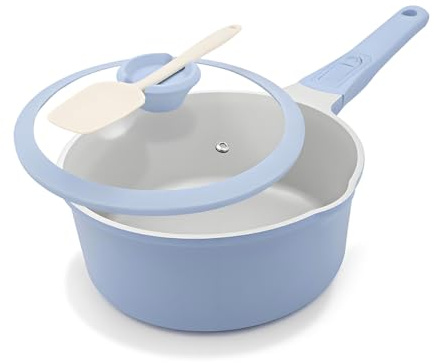 AIKENBBKK Keramik Stielkasserolle 16 cm mit Deckel, 1.5L Antihaft-Keramikbeschichtung Kasserolle mit Abnehmbarer Griff, Geeignet für alle Herdarten, PTFE-und PFOA-Frei（Blau-grau)