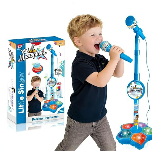 Valicaer Kids Microphone with Stand,Portable Karaoke Machine for Kids, Adjustable Height with Flashing Stage Lights & Phone Jack, Singing Toy Gift for Girls Boys Birthday Party (Blue)